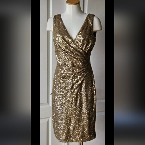 Ralph Lauren Gold Sequin Ruched Cocktail Dress - Picture 1 of 12